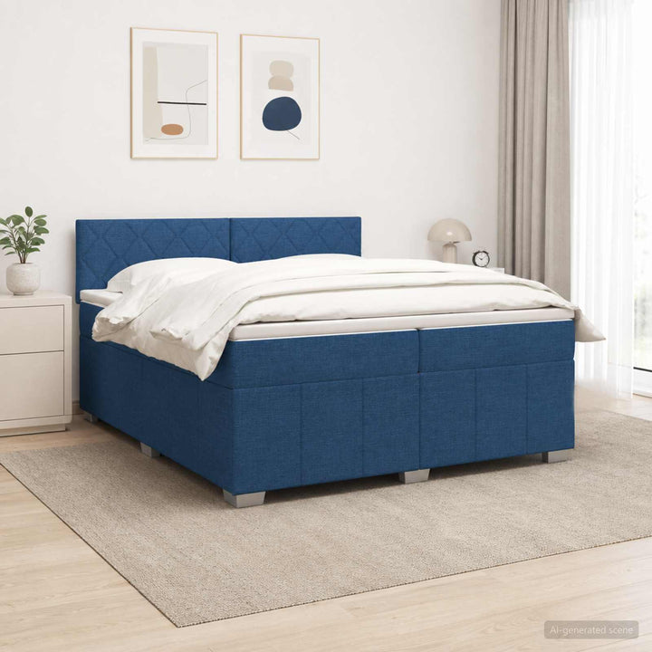 Boxmadras med topmadras med hovedgærde Blå 200 x 200 cm Stof