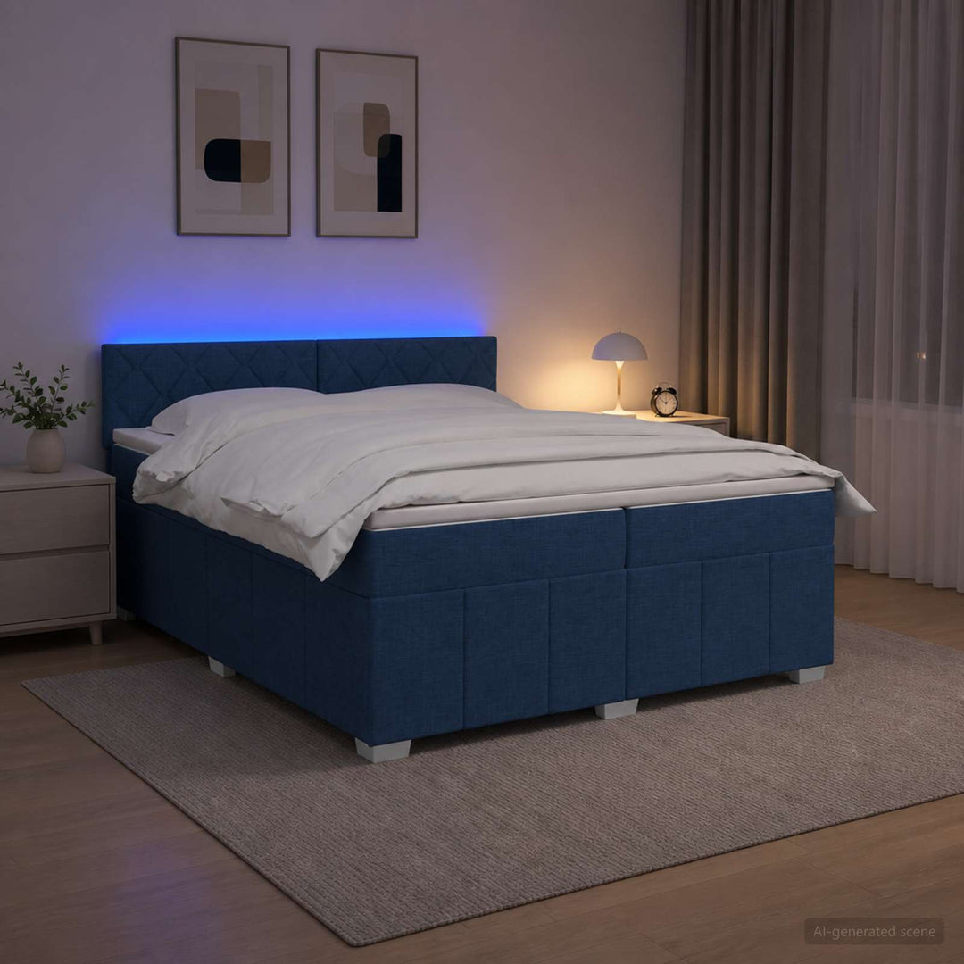 Boxmadras med topmadras med hovedgærde Blå 200 x 200 cm Stof