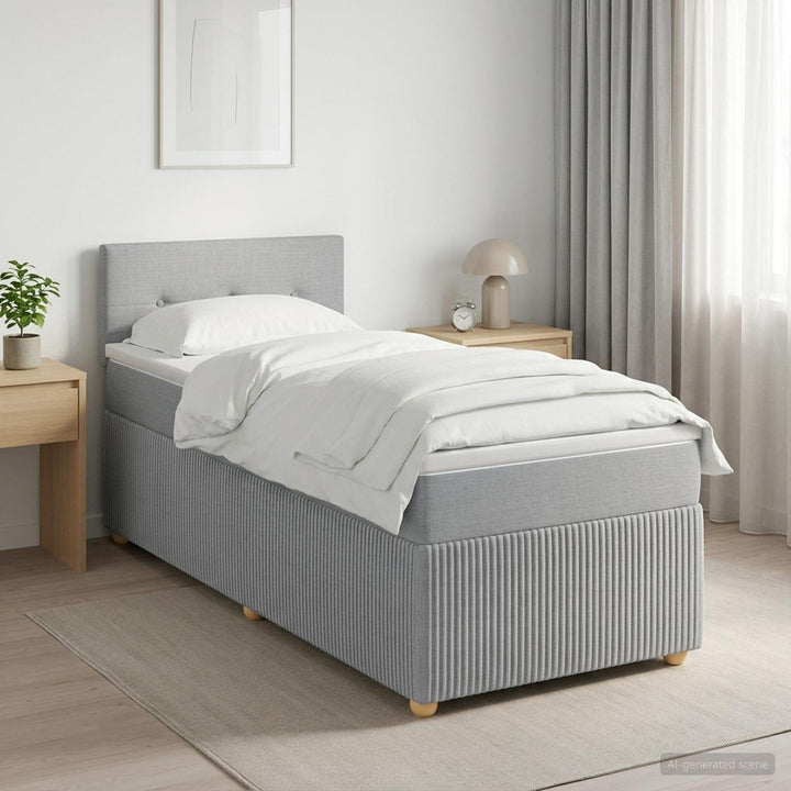 Box Spring Seng med Madras og LED Lysegrå 90 x 190 cm Stof
