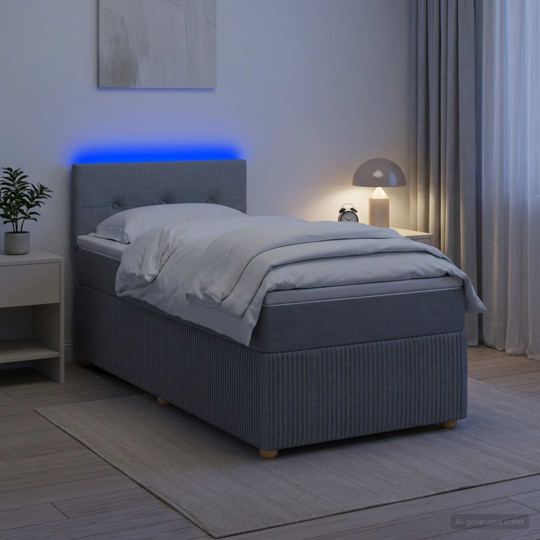 Box Spring Seng med Madras og LED Lysegrå 90 x 190 cm Stof