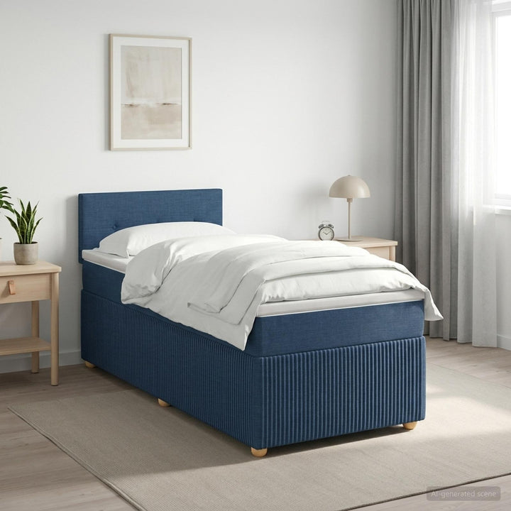 Boxmadras med topmadras med hovedgærde Blå 90 x 190 cm Stof