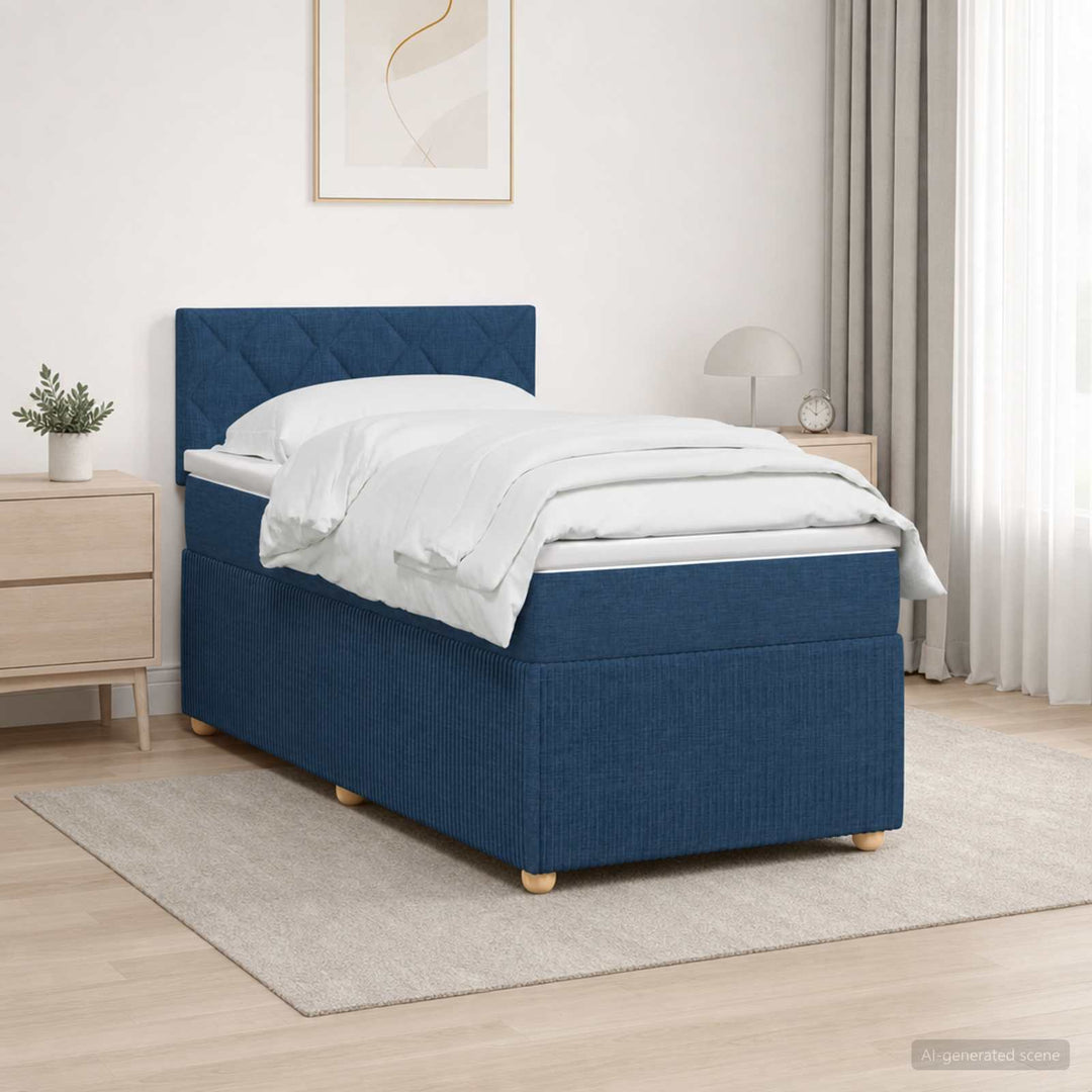 Boxmadras med topmadras med hovedgærde Blå 90 x 190 cm Stof