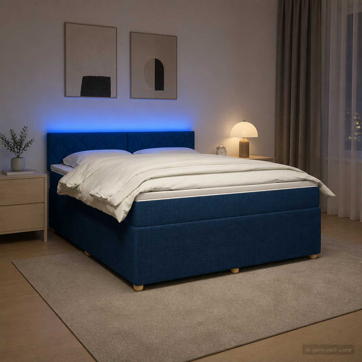 Boxmadras med topmadras med hovedgærde Blå 160 x 200 cm Stof