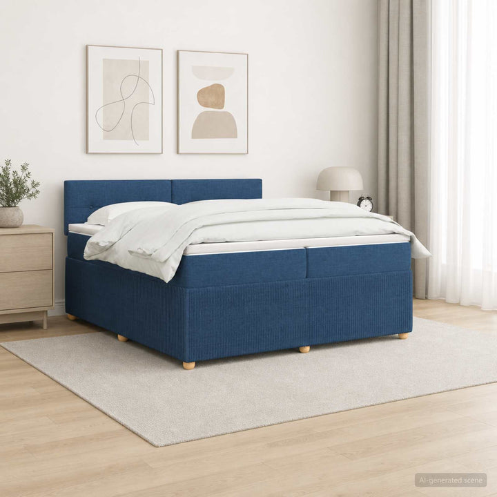 Boxmadras med topmadras med hovedgærde Blå 200 x 200 cm Stof