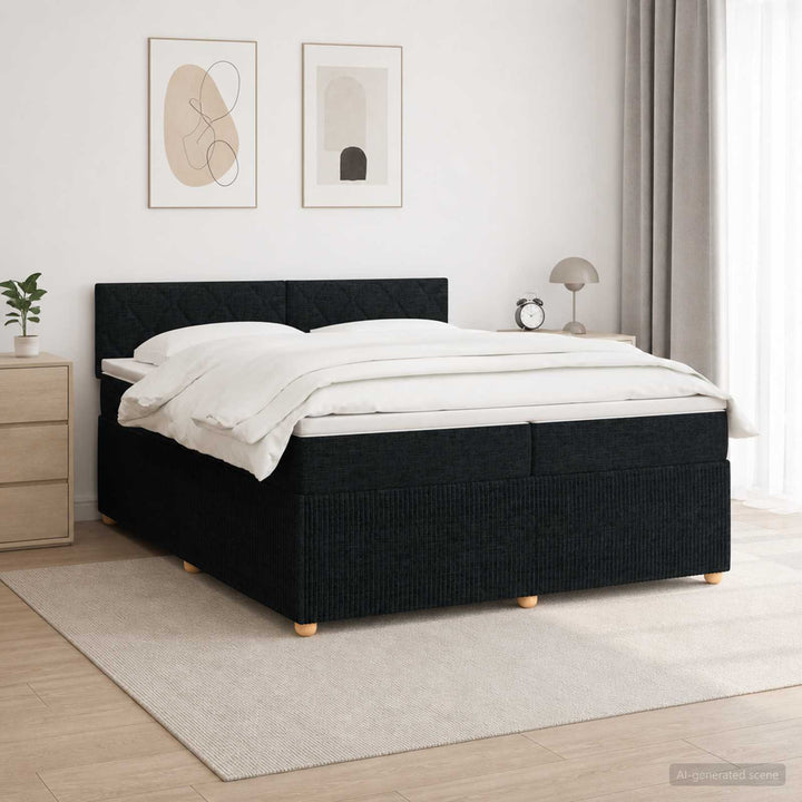 Boxmadras med topmadras med hovedgærde Sort 200 x 200 cm Stof