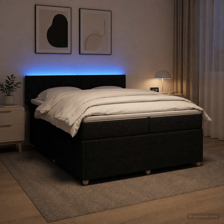 Boxmadras med topmadras med hovedgærde Sort 200 x 200 cm Stof