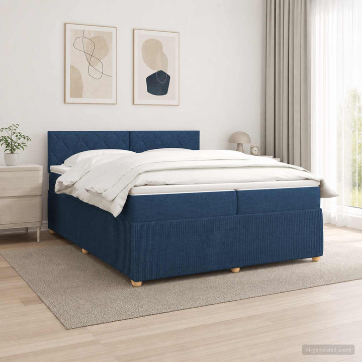 Boxmadras med topmadras med hovedgærde Blå 200 x 200 cm Stof