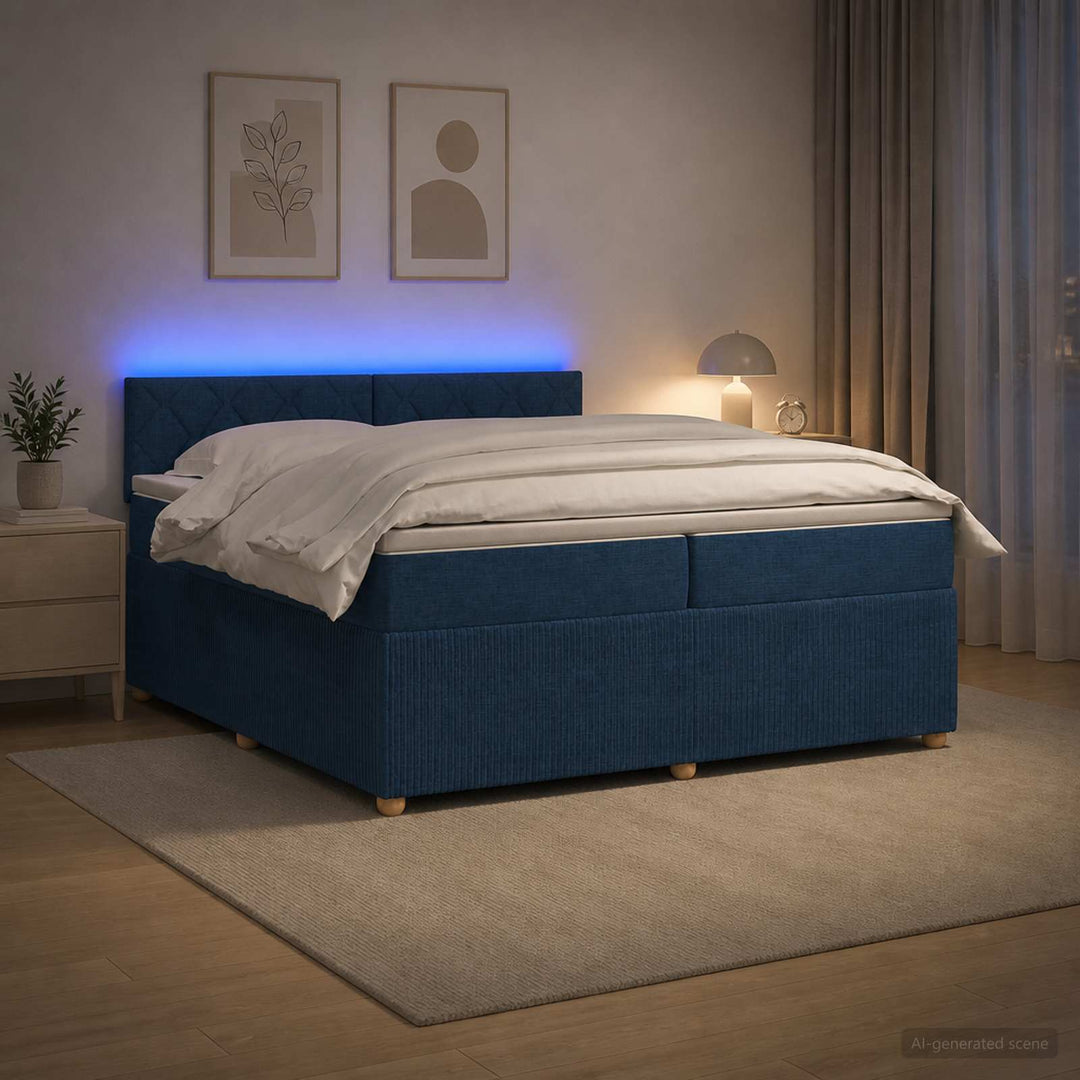 Boxmadras med topmadras med hovedgærde Blå 200 x 200 cm Stof
