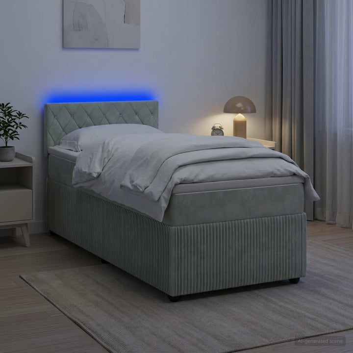 Box Spring Seng med Madras og LED Lysegrå 90 x 190 cm Fløjl