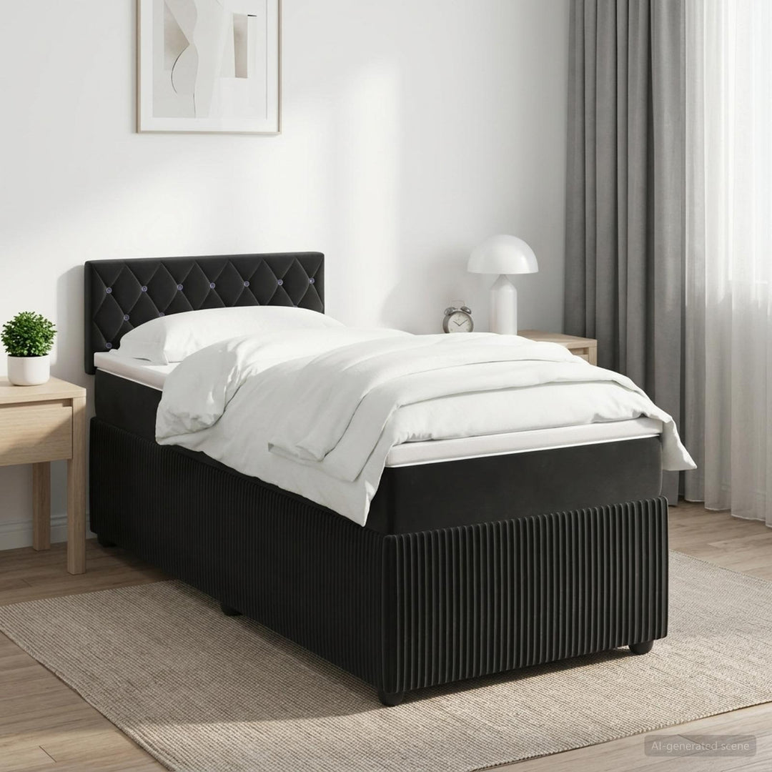 Boxmadras med topmadras med hovedgærde Sort 90 x 190 cm Fløjl