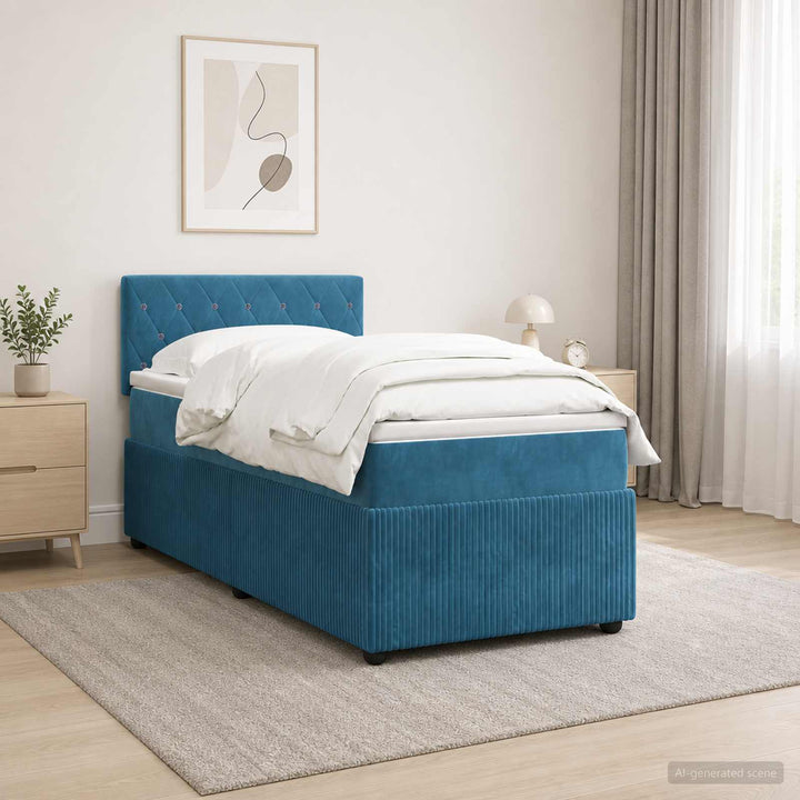 Boxmadras med topmadras med hovedgærde Blå 90 x 190 cm Fløjl