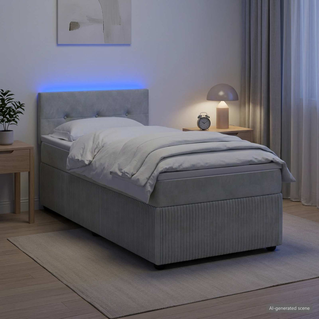 Box Spring Seng med Madras og LED Lysegrå 90 x 190 cm Fløjl