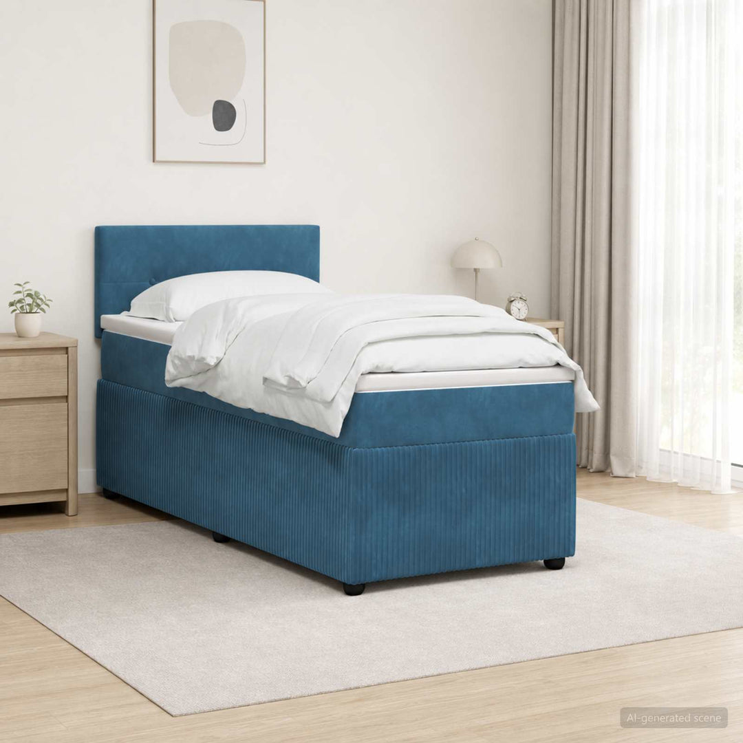 Boxmadras med topmadras med hovedgærde Blå 100 x 200 cm Fløjl