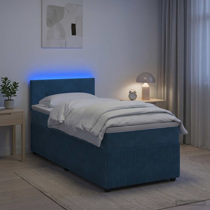 Boxmadras med topmadras med hovedgærde Blå 90 x 200 cm Fløjl