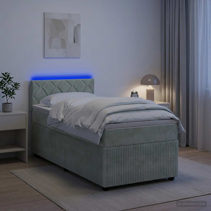 Box Spring Seng med Madras og LED Lysegrå 90 x 190 cm Fløjl