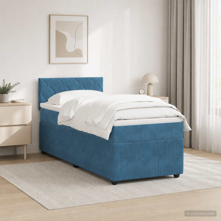Boxmadras med topmadras med hovedgærde Blå 90 x 200 cm Fløjl