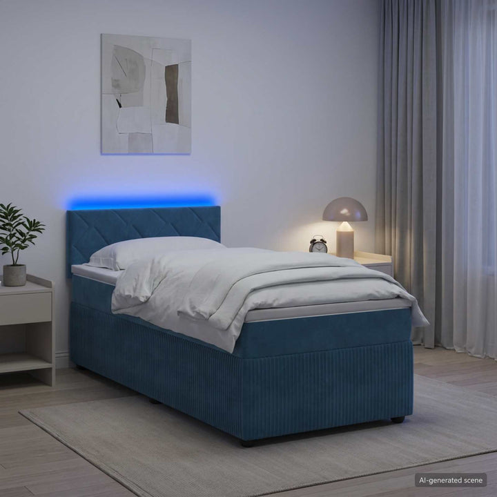 Boxmadras med topmadras med hovedgærde Blå 90 x 190 cm Fløjl