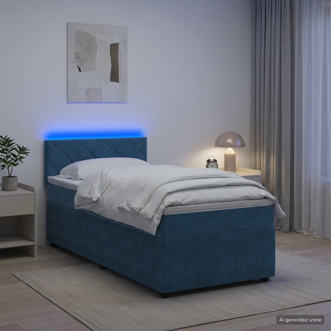 Boxmadras med topmadras med hovedgærde Blå 90 x 200 cm Fløjl