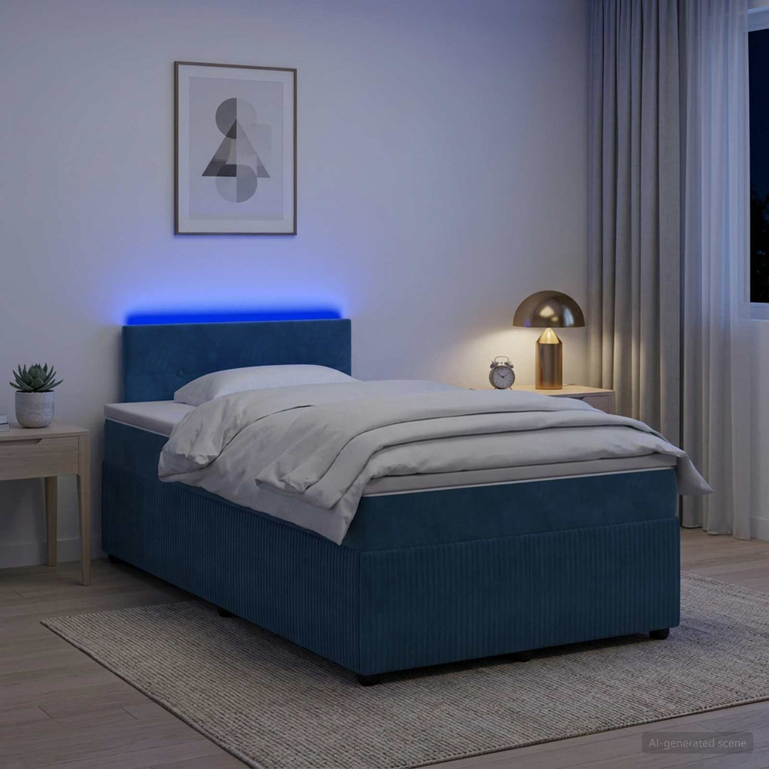 Boxmadras med topmadras med hovedgærde Blå 120 x 200 cm Fløjl