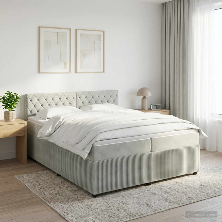 Boxmadras med topmadras Lysegrå 200 x 200 cm Fløjl