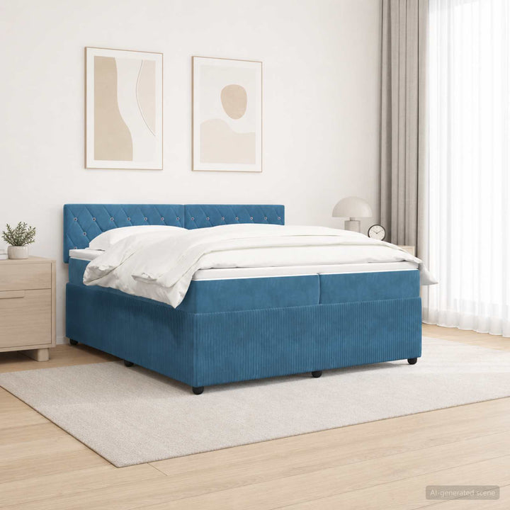 Boxmadras med topmadras med hovedgærde Blå 200 x 200 cm Fløjl