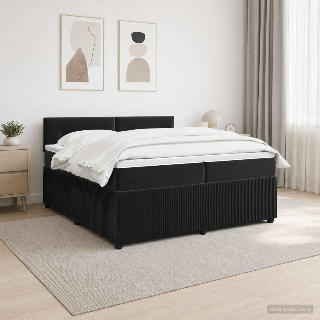 Boxmadras med topmadras med hovedgærde Sort 200 x 200 cm Fløjl