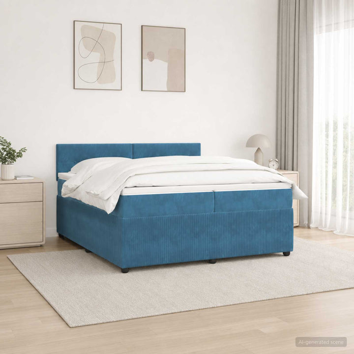 Boxmadras med topmadras med hovedgærde Blå 200 x 200 cm Fløjl