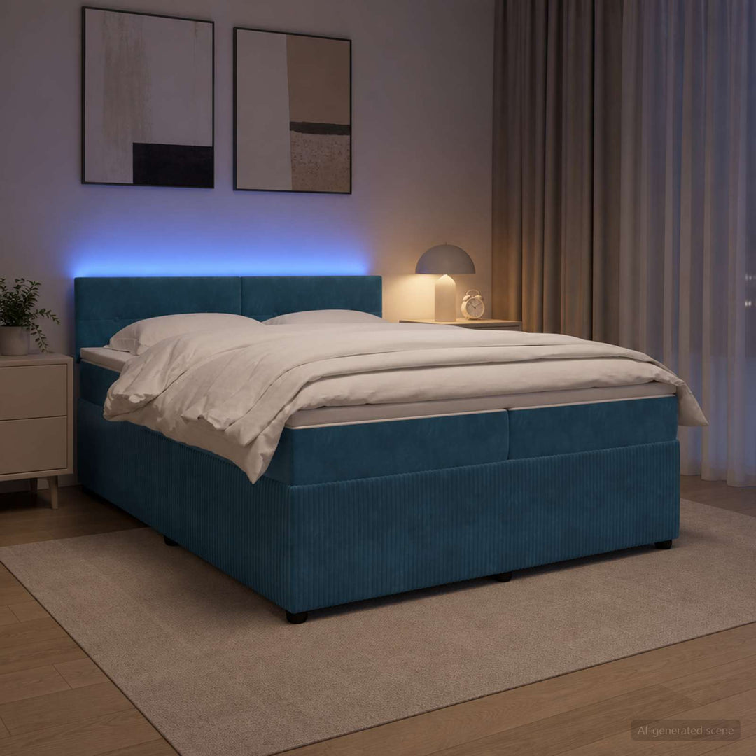 Boxmadras med topmadras med hovedgærde Blå 200 x 200 cm Fløjl