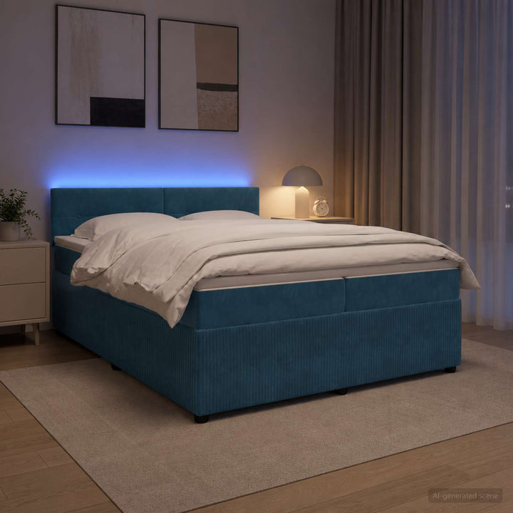 Boxmadras med topmadras med hovedgærde Blå 200 x 200 cm Fløjl