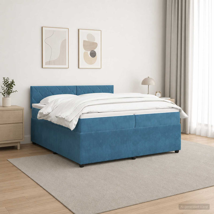 Boxmadras med topmadras med hovedgærde Blå 200 x 200 cm Fløjl