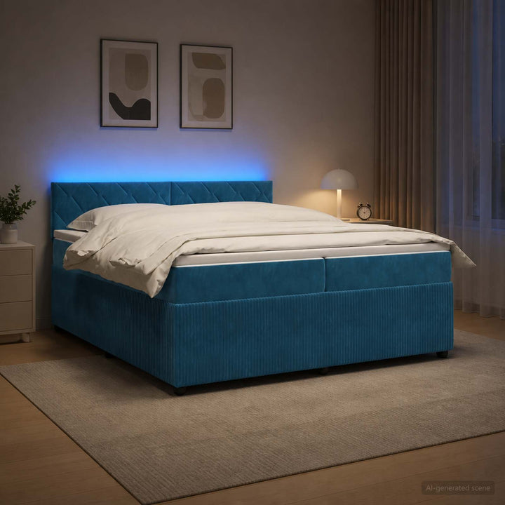 Boxmadras med topmadras med hovedgærde Blå 200 x 200 cm Fløjl