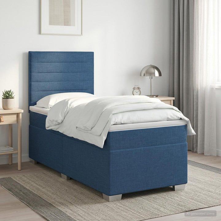 Boxmadras med topmadras med hovedgærde Blå 90 x 190 cm Stof