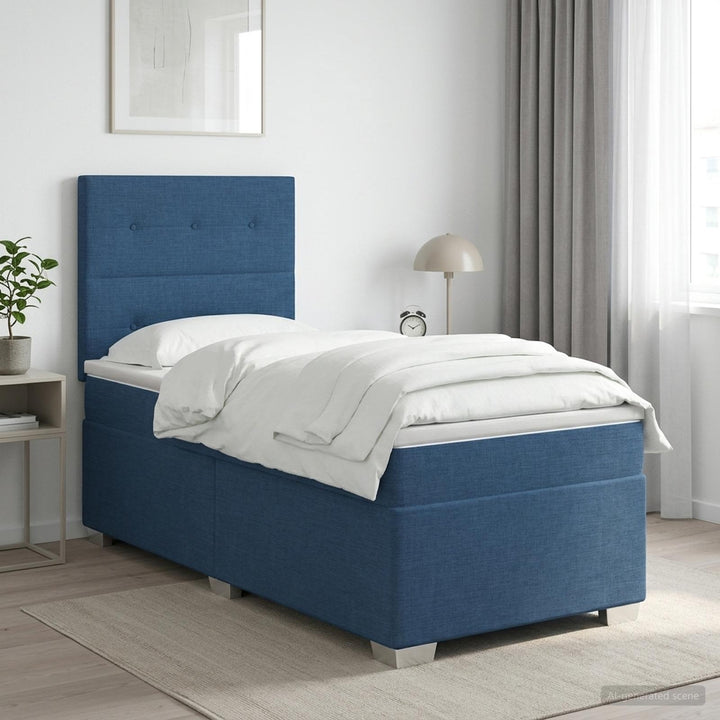 Boxmadras med topmadras med hovedgærde Blå 90 x 200 cm Stof