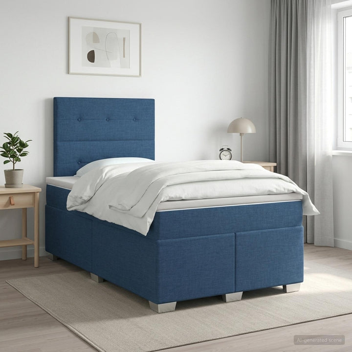 Boxmadras med topmadras med hovedgærde Blå 120 x 190 cm Stof