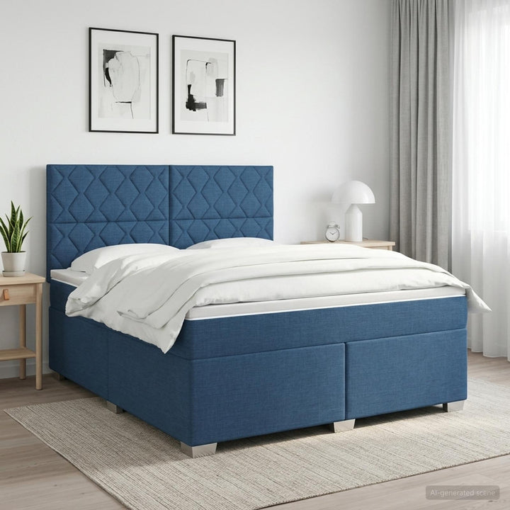 Boxmadras med topmadras med hovedgærde Blå 140 x 200 cm Stof