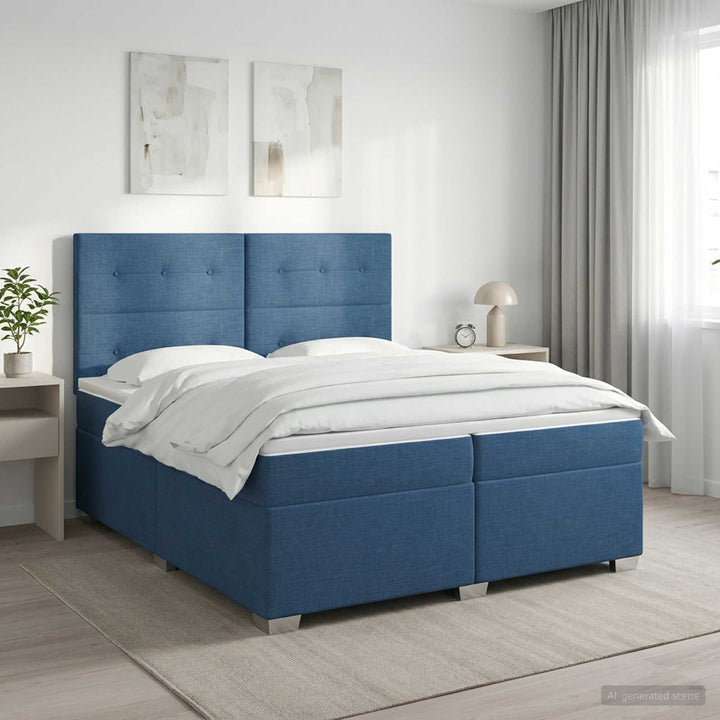 Boxmadras med topmadras med hovedgærde Blå 200 x 200 cm Stof