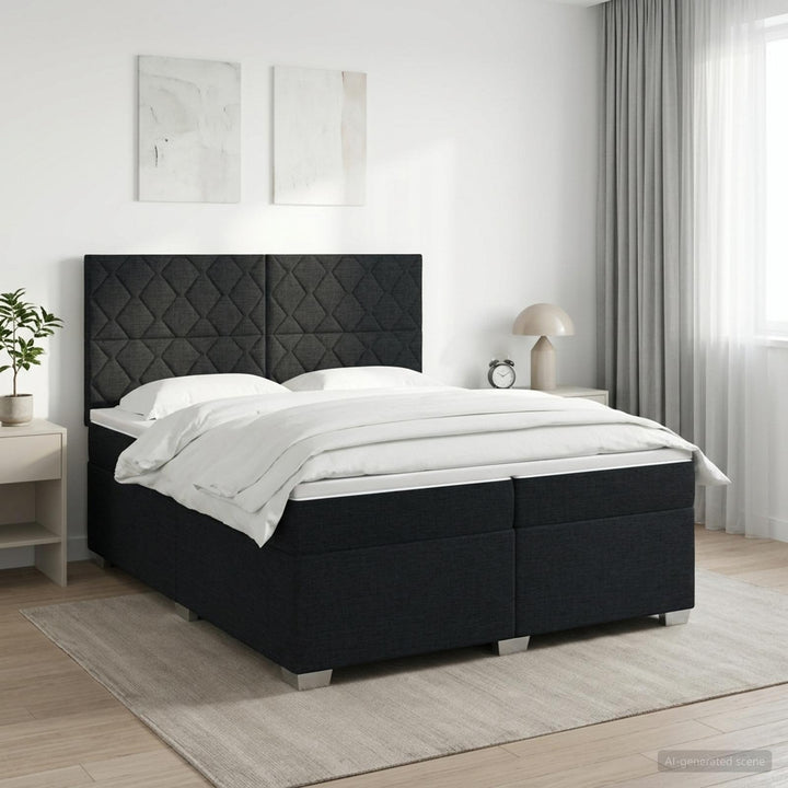 Boxmadras med topmadras med hovedgærde Sort 200 x 200 cm Stof