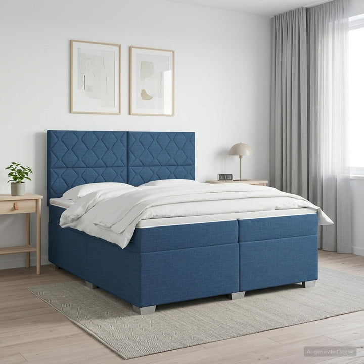 Boxmadras med topmadras med hovedgærde Blå 200 x 200 cm Stof