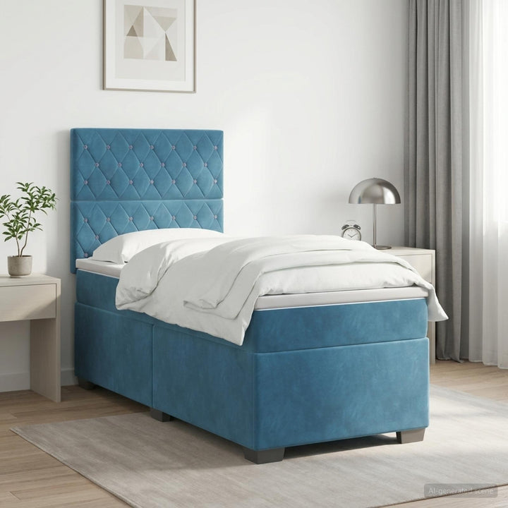 Boxmadras med topmadras med hovedgærde Blå 90 x 190 cm Fløjl