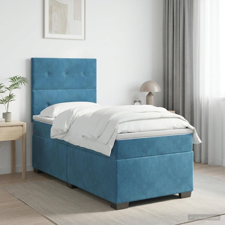 Boxmadras med topmadras med hovedgærde Blå 80 x 200 cm Fløjl