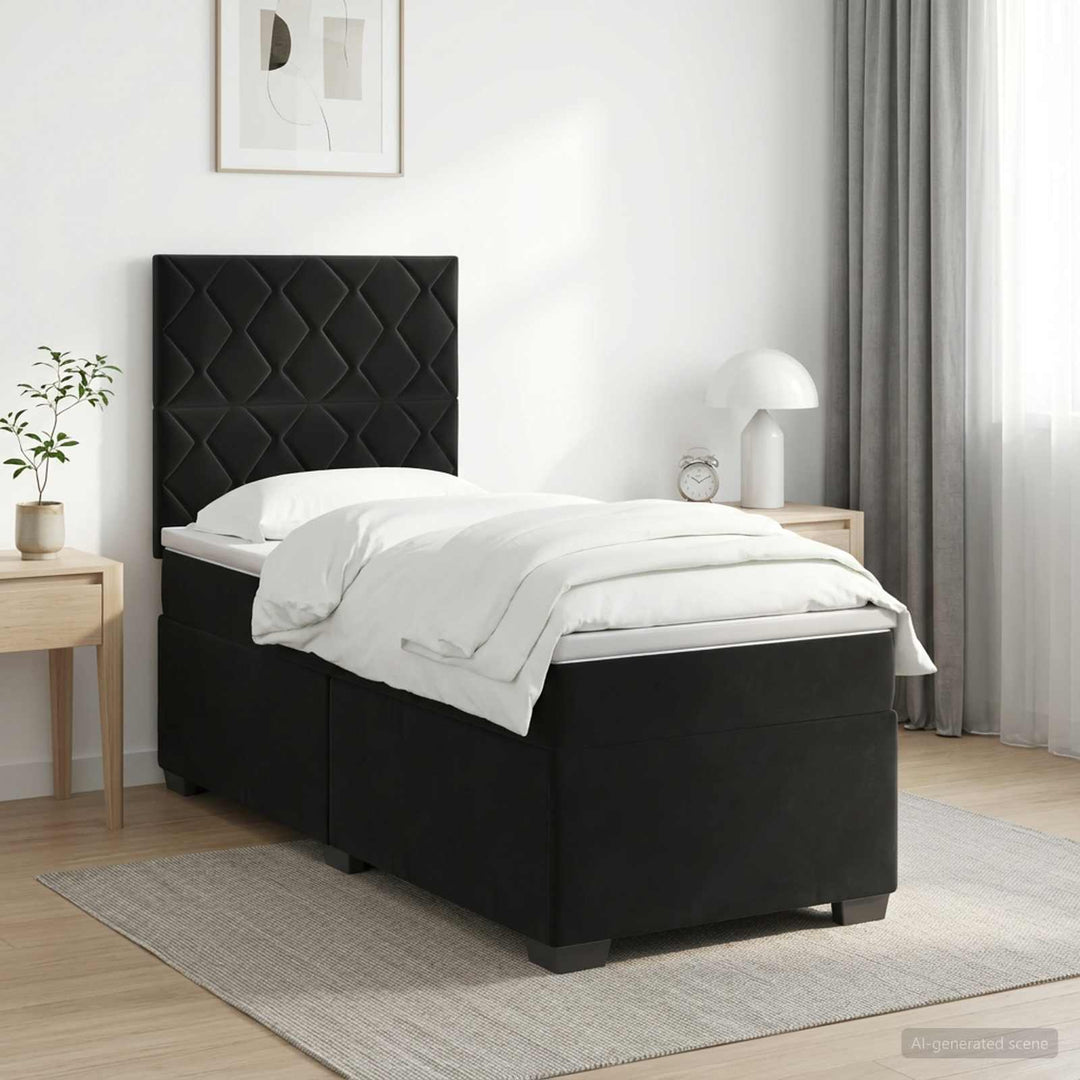 Boxmadras med topmadras med hovedgærde Sort 90 x 190 cm Fløjl