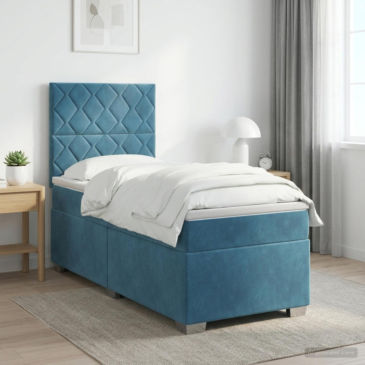 Boxmadras med topmadras med hovedgærde Blå 90 x 190 cm Fløjl