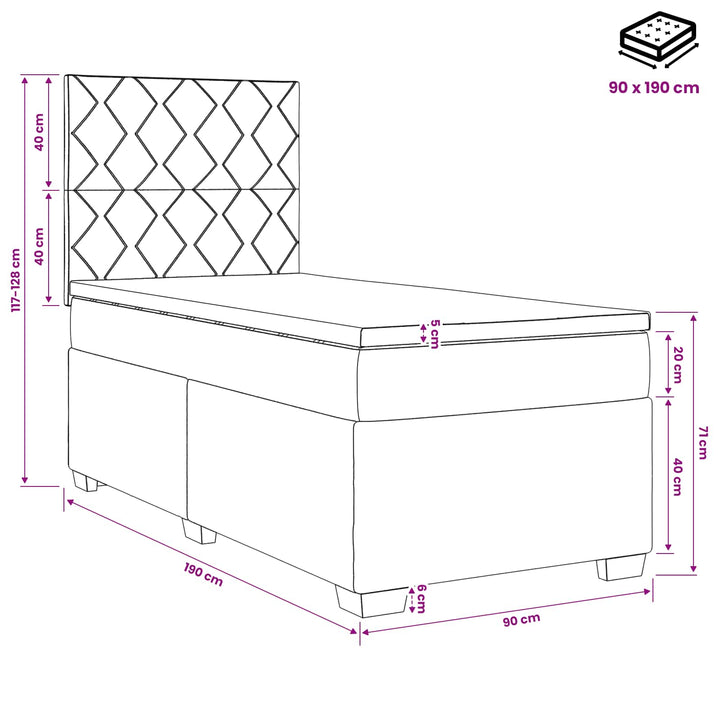Boxmadras med topmadras med hovedgærde Blå 90 x 190 cm Fløjl