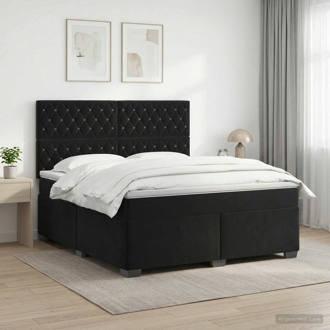 Boxmadras med topmadras med hovedgærde Sort 160 x 200 cm Fløjl