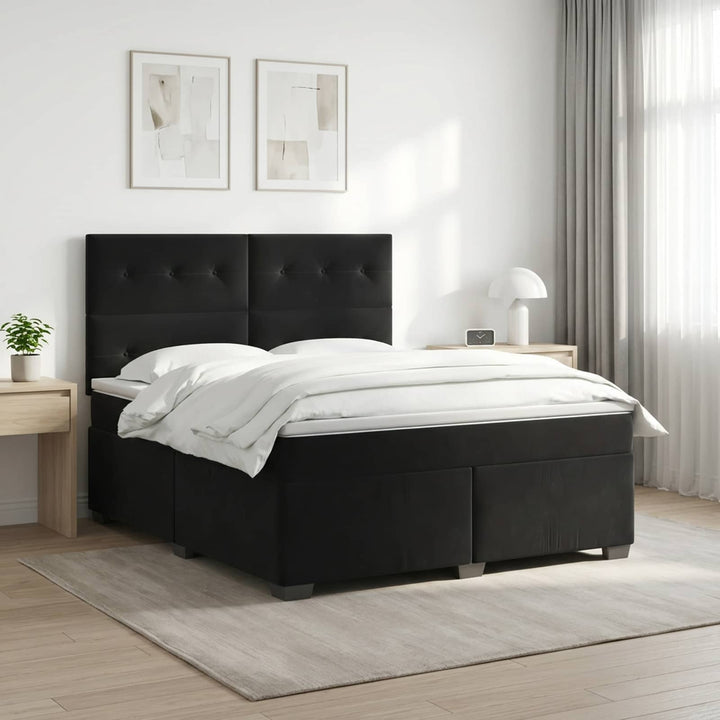 Boxmadras med topmadras med hovedgærde Sort 140 x 190 cm Fløjl