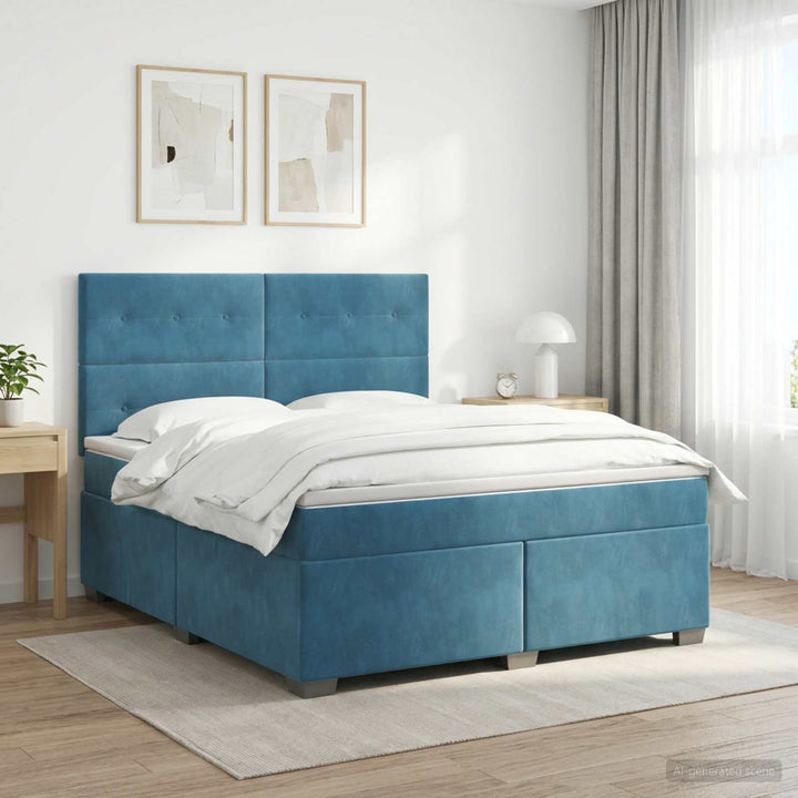 Boxmadras med topmadras med hovedgærde Blå 140 x 190 cm Fløjl