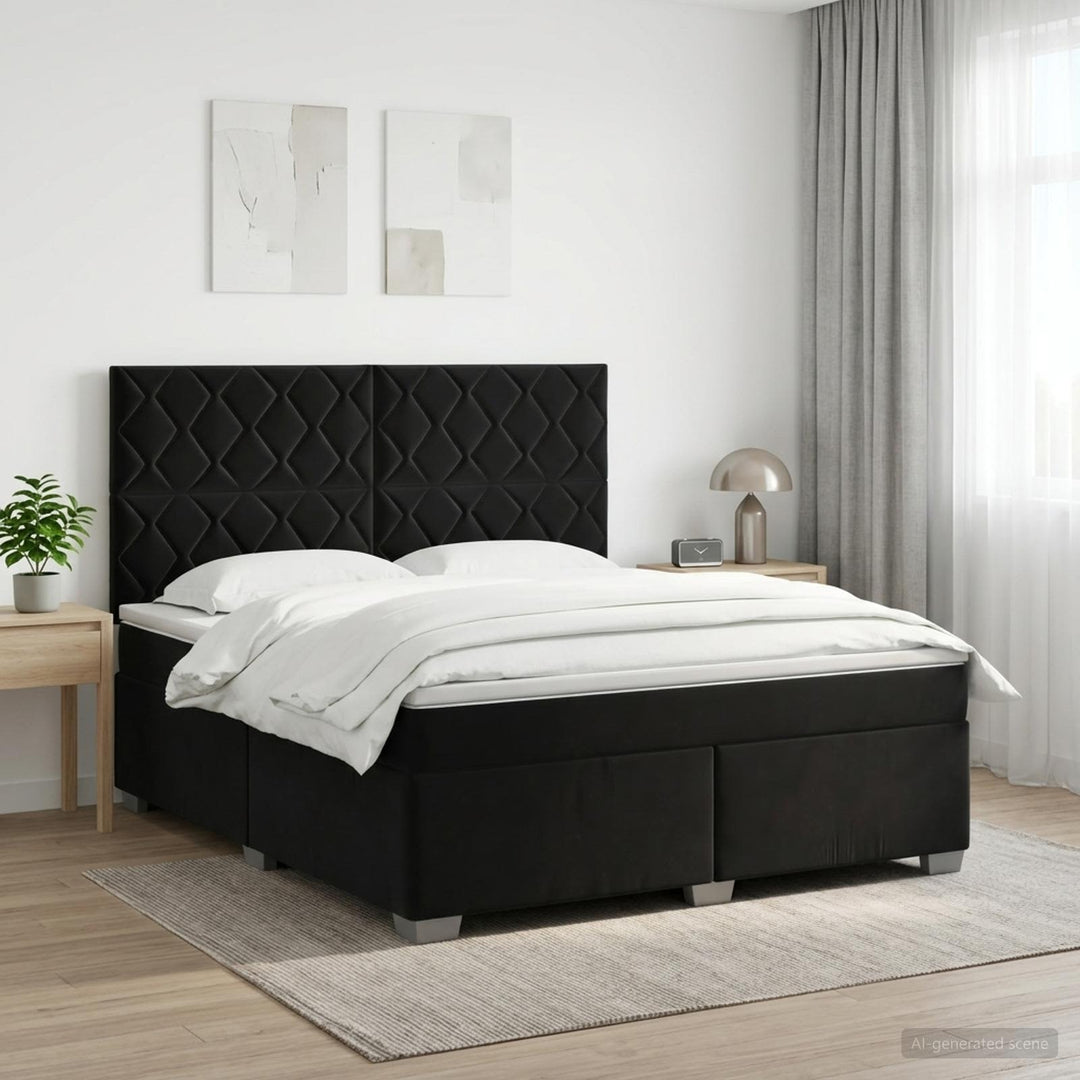 Boxmadras med topmadras med hovedgærde Sort 140 x 190 cm Fløjl