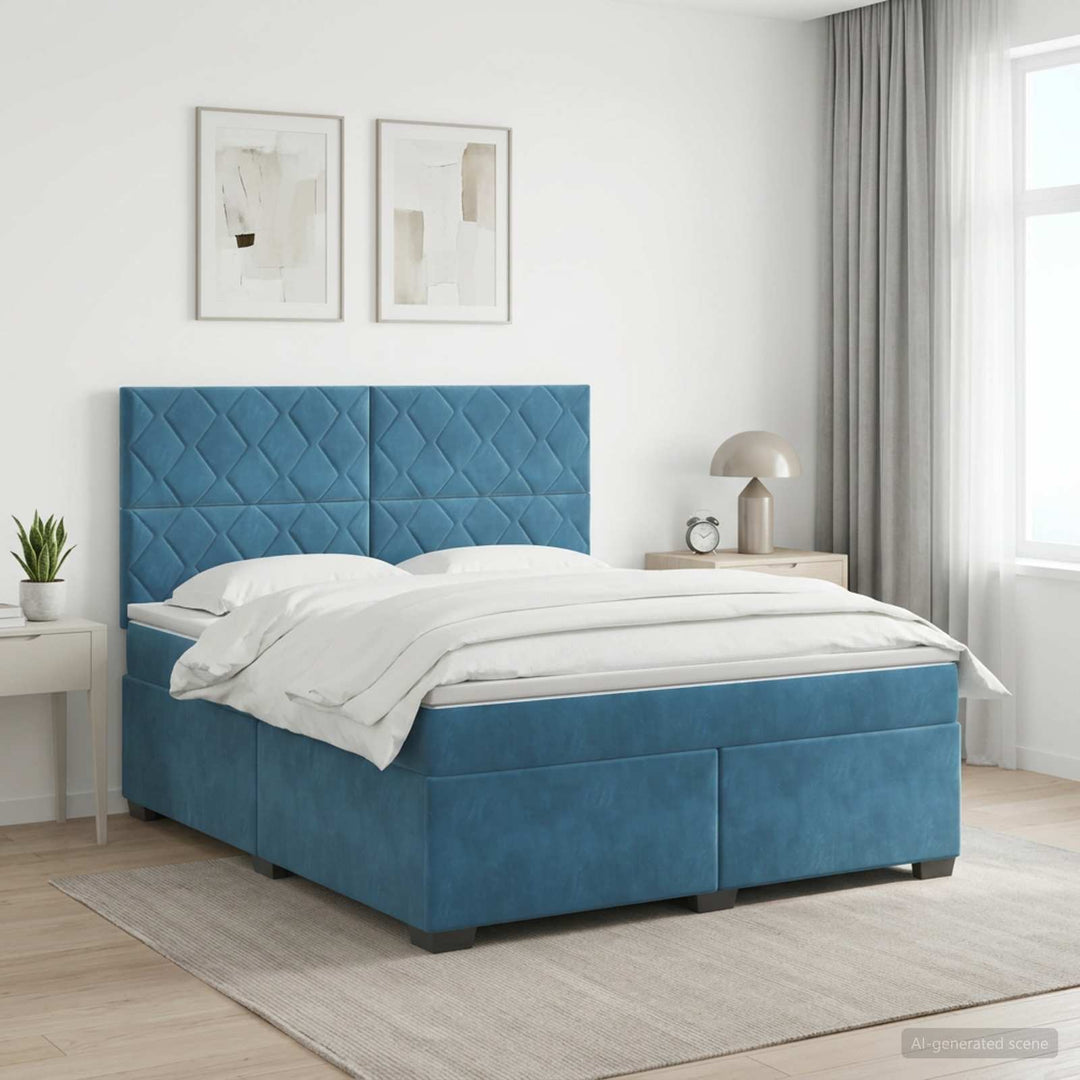 Boxmadras med topmadras med hovedgærde Blå 140 x 200 cm Fløjl