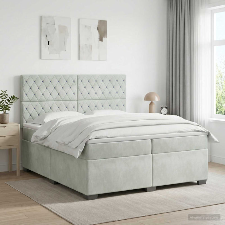 Boxmadras med topmadras Lysegrå 200 x 200 cm Fløjl