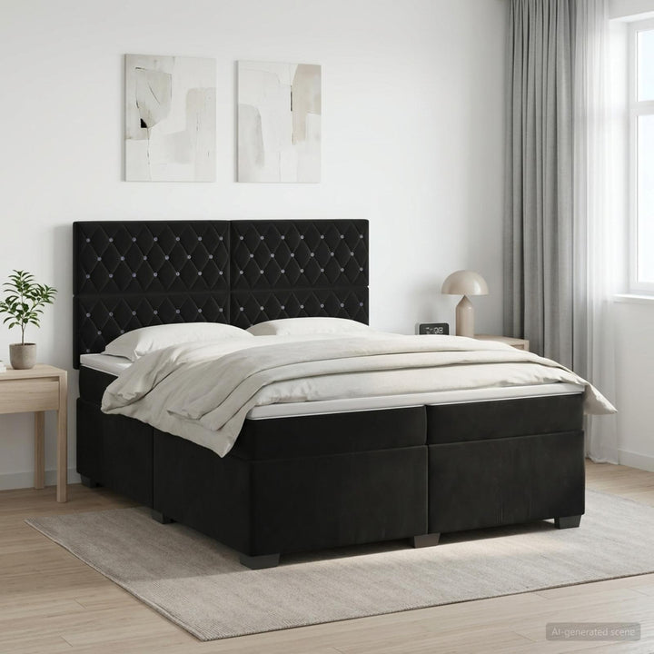 Boxmadras med topmadras med hovedgærde Sort 200 x 200 cm Fløjl